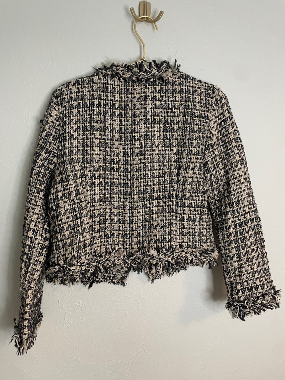 Women's LUSA Paris Black/Cream/Gold Tweed Frayed Edge Cropped Blazer - size S/M - Picture 11 of 12